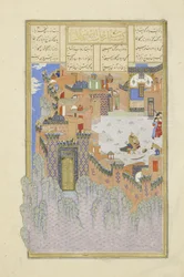 Perski 239 fol.278a Isfandiy?r zabija Arj?sp w Bezwstydnym Mieście, ilustracja z Szahnamy (Księgi Królów), autor Abul-Qasim Mansur Firdawsi (ok.934-ok.1020), 1444