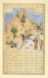Perski 239 fol.313b Iskandar pociesza umierającego D?r?, ilustracja z Szahnamy (Księgi Królów), autor Abul-Qasim Mansur Firdawsi (ok.934-ok.1020), 1444