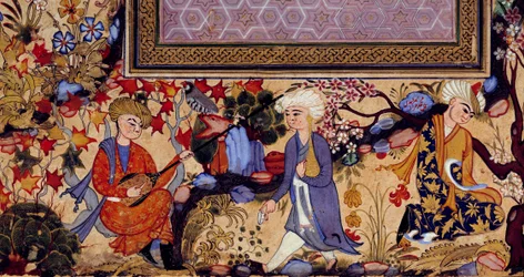 Perska miniatura przedstawiająca scenę rozrywkową z muzykami. Fragment gwaszu z XVI wieku. Paryż, Luwr