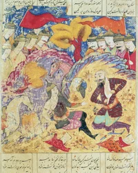 Rostam opłakujący śmierć Sohraba, ilustracja z Shahnama (Księgi Królów) autorstwa Abula-Qasima Manura Firdawsiego (ok.934-c.1020) 1619