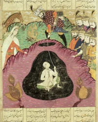 Rostam wyciągający Bidżana z jaskini, ilustracja z Shahnama (Księgi Królów) autorstwa Abul-Qasima Manura Firdawsiego (ok.934-c.1020) 1619