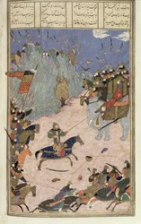 Rustam wyciąga Khaqana ze swojego słonia, ilustracja z Shahnama (Księgi Królów), autorstwa Abul-Qasima Manura Firdawsiego (ok.934-c.1020) ok.1440-45 (pióro, atrament i toaleta na welinie)