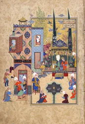 Salomon i Bilqis siedzą razem i szczerze rozmawiają, folio z Haft awrang (Siedem tronów) Jamiego (zm. 1492), prawdopodobnie Maszad, Khurasan, Iran, dynastia Safawidów, 1556-1565 (atrament, nieprzezroczysta akwarela i
