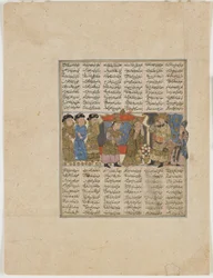 Sudaba oskarżający Siyavush, z Shahnama (Księgi Królów) Firdawsiego (zm. 1020) (nieprzezroczysta akwarela, atrament, złoto i srebro na papierze)