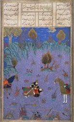 Suhrab zabity przez swojego ojca Rustama, ilustracja z Shahnama (Księgi Królów), autorstwa Abul-Qasima Manura Firdawsi (ok.934-c.1020) ok.1440-45 (pióro, atrament i toaleta na welinie)