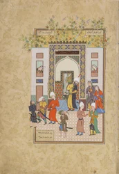 Mały świadek zeznaje o niewinności Yusufa, folio z Haft awrang (Siedem tronów) Jamiego (zm. 1492), prawdopodobnie Mashad, Khurasan, Iran, dynastia Safavid, 1556-1565 (atrament, nieprzezroczysta akwarela i gol