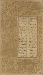 Simurgh, smok, zwierzęta i ptaki w krajobrazie, folio z Yusuf u-Zulaikha Jamiego (zm. 1492) Qazvin, Iran, dynastia Safawidów, 1557 (tusz i złoto na papierze)