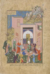 Yusuf przemawia do dziewcząt Zulaykhas w swoim ogrodzie, folio z Haft awrang (Siedem tronów) autorstwa Jamiego (zm. 1492), prawdopodobnie Maszad, Khurasan, Iran, dynastia Safawidów, 1556-1565 (atrament, nieprzezroczysta akwarela i przejdź