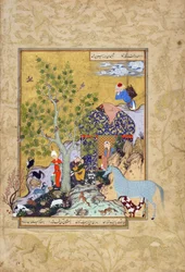 Yusuf opiekuje się swoimi stadami, folio z Haft awrang (Siedem tronów) Jamiego (zm. 1492), prawdopodobnie Meszad, Khurasan, Iran, dynastia Safawidów, 1556-1565 (atrament, nieprzezroczysta akwarela i złoto na papierze)