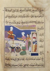 f.83v Przygotowanie słodyczy dla sułtana Mandu, z rękopisu o kuchni indyjskiej (welum)