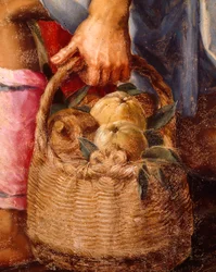 Kosz owoców, fragment z Pokłonu pasterzy Petera Candida (1548-1628), olej na desce, 248x162 cm