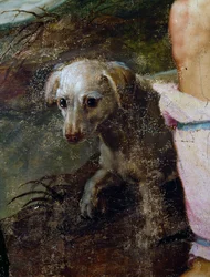 Pies, fragment szopki, obraz Pietera Candida lub Pietera de Witte (ok. 1548-1628), Holandia