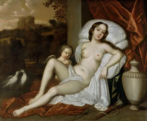 Portret Nell Gwynne (1650-87) jako Wenus, z synem Charlesem Beauclerkiem (1670-1726), jako Kupidynem (olej na płótnie)