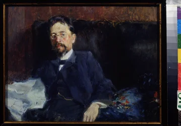 Portret pisarza Antona Czechowa (1860-1904) (Portret autora A. Czechowa). Malarstwo Piotra Aleksandrowicza Nilusa (Pierre Nilous) (Nilouss) (1869-1940/1943), olej na płótnie