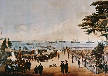 Komandor Perry ląduje w Japonii, aby spotkać się z komisarzami cesarskimi w Jokohamie, 8 marca 1854 r