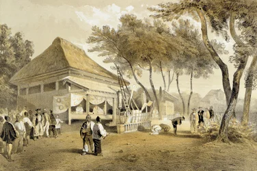 Dom i maszyna straży pożarnej, Yokuhama, z „Opowiadania o wyprawie amerykańskiego dywizjonu na morza chińskie i do Japonii”, wyd. przez Sarony und Co., 1856 (przyciemniane lito)