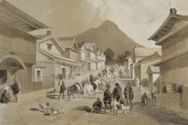 Ulica w Hakodadi, z „Narracji o wyprawie amerykańskiego dywizjonu do mórz chińskich i Japonii”, wyd. Sarony und Co., 1856 (przyciemniana lito)