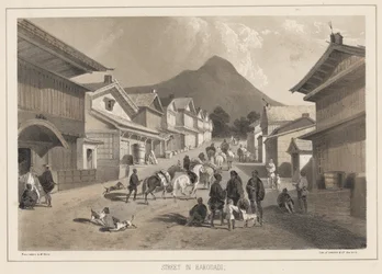 Ulica w Hakodadi, litho autorstwa Sarony und Co., 1855 (chromolitho)