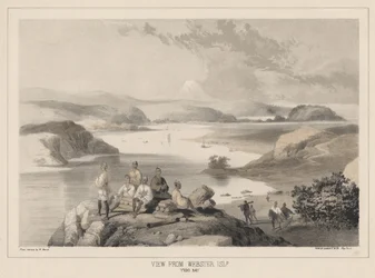 Widok z wyspy Webster, Yedo Bay, litho autorstwa Sarony und Co., 1855 (chromolitho)