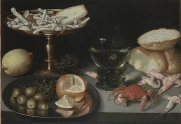 Martwa natura z owocami, słodyczami, skorupiakami, szklanką i myszką, ok. 1620