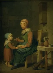 Żona rolnika, która daje córce coś do jedzenia