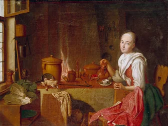 Lady in her kitchen Młoda kobieta siedzi na kawie przed kominkiem. Obraz Petera Jacoba Horemansa (1700-1776) (ec.flam.) XVIII-wieczne Monachium. Stara Pinakoteka