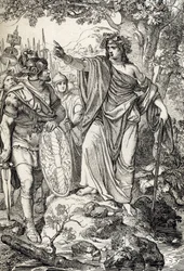 Kampanie Germanika: „” Nero Claudius Drusus Germanicus (38-9 pne) i jego armia spotykają młodą kobietę w regionach między Wezerą a Łabą, około 12 rpne” (Podbój Germanii: powieść generał Nero Claudius Drusus Germanicus i jego zasięg armii t