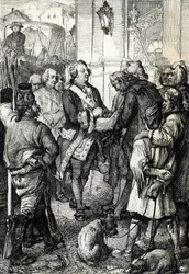 Rewolucja francuska: król Ludwik XVI otrzymuje trójkolorową kokardę od burmistrza Paryża Jean-Sylvaina Bailly