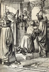 Król Anglii Henryk II (1133-1189), zamieszany w zabójstwo Thomasa Becketa, odbywa pokutę przy grobie arcybiskupa