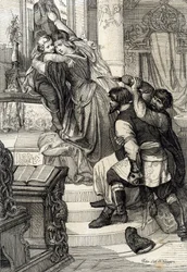 Revolta de Moscou de 1682 (levantamento do streltsy de 1682): Czarina Natalia Narychkina protegendo seu filho, o príncipe Peter (1672-1725) dos ataques dos streltsy (strelets), Rússia (Revolta de Moscou de 1682 ou Revolta dos streltsy: Tsarina Natalia Nary