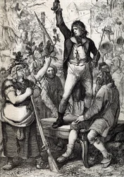 Wybuch rewolucji francuskiej w 1789 roku: zgromadzona ludność jest zachęcana do wybrania koloru kokardy i chwycenia za broń