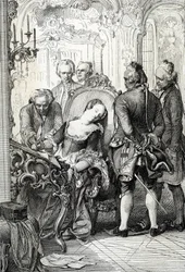 Królowa Danii Karolina Matylda (1751-1775), zmuszona do podpisania dokumentów rozwodowych po swoim pozamałżeńskim romansie w 1772 roku. Rysunek piórkiem