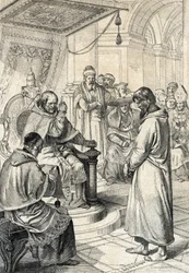Queril z inwestytur, skrucha Canossy: W Canossie cesarz Henryk IV Świętego Cesarstwa Rzymskiego (1050-1106) w stroju pokutnym błaga o przebaczenie papieża Grzegorza VII (Hildebrand: 1015/20-1085) dokonując honorowych zadośćuczynień w styczniu 1077 r. ” (Śc
