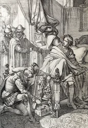 Aresztowanie Karola Austriackiego (1545-1568) (Don Carlosa), syna Filipa II Hiszpańskiego w 1568 roku przez ludzi jego ojca (Carlosa, najstarszego syna księcia Asturii i następcy tronu hiszpańskiego króla Filipa II, ojciec na początku 1568) rysowanie pióre
