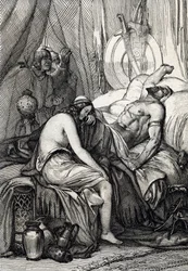 Śmierć króla hunów Attyli (395-453) podczas jego snu w noc poślubną z Germaine Ildico, 453 (Śmierć Attyli, władcy hunów w noc poślubną, jej oblubienica Ildico płacze nad jego ciałem, 453 ) Rysunek pióra zaczerpnięty z „Historis