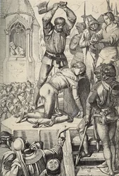 Egzekucja Konradyna (lub Konrada Hohenstaufa), króla Sycylii i księcia Szwabii (1252-1268), z rozkazu Karola Andegaweńskiego po bitwie pod Tagliacozzo w 1268 roku (Egzekucja Konradyna, czyli Konrada Młodszego, ostatniego staufijskiego króla Sycylii