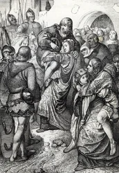 Wierne kobiety z Weinsbergu (Treue Weiber von Weinsberg): żony żołnierzy pokonanych podczas oblężenia Weinsbergu przez Konrada III z Hohenstaufen w 1140 r. niosą swoich mężów na plecach, Niemcy (lojalne żony podczas oblężenia Weinsbergu