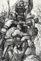 Wojska Othona I z Baviere (1117-1183) w pobliżu Werony we Włoszech 1155 (Otton I, książę Bawarii i jego armia pod Weroną, Włochy 1155) Rysunek z piór z „Historische Memorabilian des In-und Auslandes”” (Pamiątki historyczne) przez Antona Zieglera