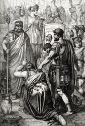 Wojna wandalska: „” Kapitulacja króla Wandalów, Gelimer klęczy przed bizantyjskim generałem Belisaire (500-565) w marcu 534 r., Kartagina, Afryka” (Wojna wandalska: król wandali Gelimer poddający się generałowi Belizariuszowi, 534, Afryka) narysowany długo