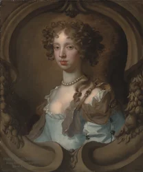 Portret Lady Frances Norcliffe (1654-1731), w popiersiu, w jasnoniebieskiej sukni z perłowym zapięciem, w rzeźbionym kartuszu (olej na płótnie)