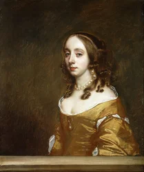 Portret damy z rodziny Popham, pół długości, za skrzydłem, w pomarańczowej sukience,