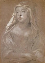 Portret młodej damy, tradycyjnie określanej jako Sarah Jennings, księżna Marlborough, w połowie długości, trzymająca książkę, z rękami skrzyżowanymi na kolanach, z ubiorem głowy na ramionach, 1667