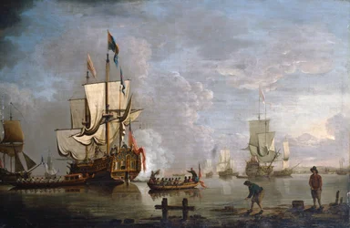 The Morning Gun: HMS Peregrine z Rochester (olej na płótnie)