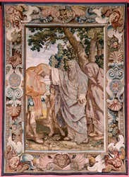 Flamandzki gobelin. Seria Historia konsula Decjusza Mus. Valerius błogosławi Decjusza. Czwarty gobelin w serii. Model PP Rubens. ; Manufaktura Jan Raes II, Bruksela. Około 1620-1629. Tkanina Złoto, srebro, jedwab i wełna. Rozmiar 405 x 330 cm. Lokalizacja 