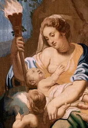 Flamandzki gobelin. Seria Triumf Eucharystii. Alegoria Miłosierdzia oświecająca świat (Alegoría de la Caridad iluminando al mundoà. Dwudziesty gobelin w serii. Model Peter Paul Rubens. 1626-1628. Manufaktura Jan II Raes, Bruksela