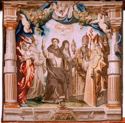 Flamandzki gobelin. Seria Triumf Eucharystii. Obrońcy Eucharystii (os defensores de la Eucaristía). Dziesiąty gobelin z serii. Model Peter Paul Rubens. 1626-1628. Manufaktura Jan II Raes, Hans Vervoert, Jacques Fobert, Bruksela