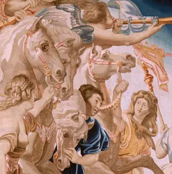 Flamandzki gobelin. Seria Triumf Eucharystii. Triumf Kościoła (El Triunfo de la Iglesia). Ósmy gobelin z serii. Model Peter Paul Rubens. 1626-1628. Manufaktura Jan II Raes, Bruksela