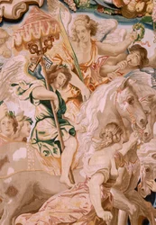 Flamandzki gobelin. Seria Triumf Eucharystii. Triumf Kościoła (El Triunfo de la Iglesia). Ósmy gobelin z serii. Model Peter Paul Rubens. 1626-1628. Manufaktura Jan II Raes, Bruksela