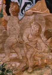 Flamandzki gobelin. Seria Triumf Eucharystii. Sukcesja papieży (La sucesión de los papas). Osiemnasty gobelin z serii. Model Peter Paul Rubens. 1626-1628. Manufaktura Jan II Raes, Hans Vervoert, Bruksela