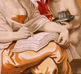 Flamandzki gobelin. Seria Triumf Eucharystii. Mądrość jest inspirowana przez Ducha Świętego (La Sabiduría inspirada por el Espíritu Santo). Dziewiętnasty gobelin z serii. Model Peter Paul Rubens. 1626-1628. Manufaktura Jacob II Geubels, Bruksela